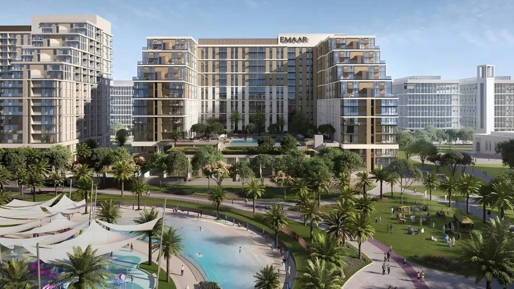 Emaar's iconic development shown at Dubai Properties Investment event, with stunning views of the pools, luxury apartments, and green spaces.