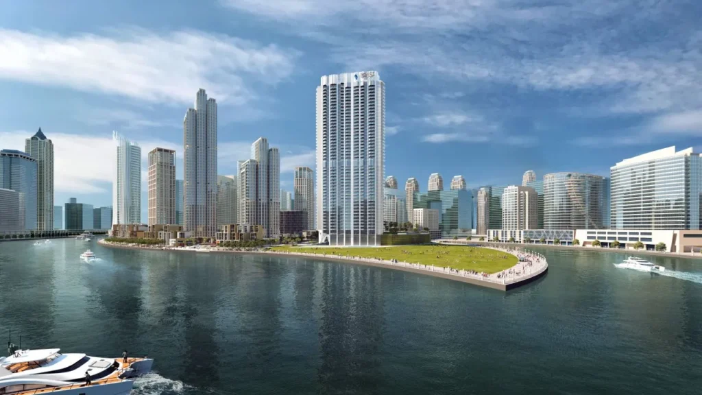 Dubai's luxurious real estate developments alongside waterfront views, presented at the Dubai Properties Investment event.
