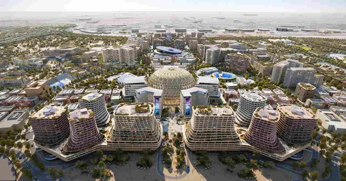 Aerial view of futuristic Dubai real estate developments showcased at the Dubai Property Show in Sydney, featuring modern architecture.