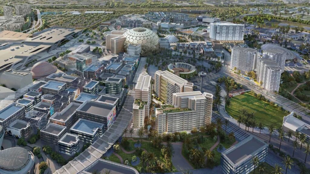 Impressive aerial view of Dubai’s mega developments at the Dubai Property Show in Sydney, highlighting iconic urban structures.