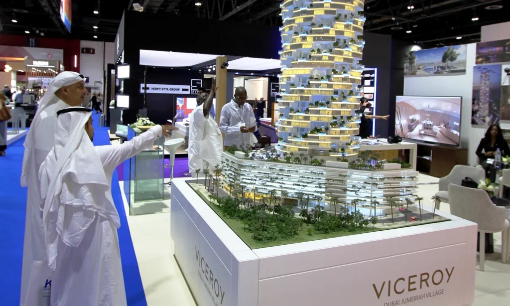 Viceroy Dubai Jumeirah Village model at the Dubai Property Show in Sydney, showcasing high-end architecture and amenities.